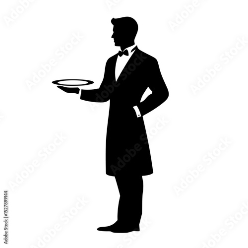 a black silhouette of a waiter in a suit holding an empty plate in his hand black, dish, empty, hand, hat, hold, man, plate, present, silhouette, stand, suit, tray, waiter , Generative art.