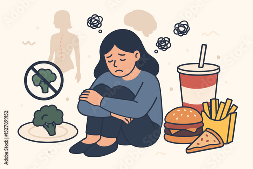 Eating disorder concept with sad woman suffering from anorexia or bulimia. Mental health, body dysmorphia, and depression. Psychology of nutrition, unhealthy food choice and diet.