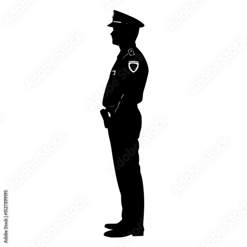 a black and white image of a policeman or soldier in uniform standing and holding his hat black, cop, hat, image, man, police officer, policeman, silhouette, soldier, stand, uniform , Generative art.