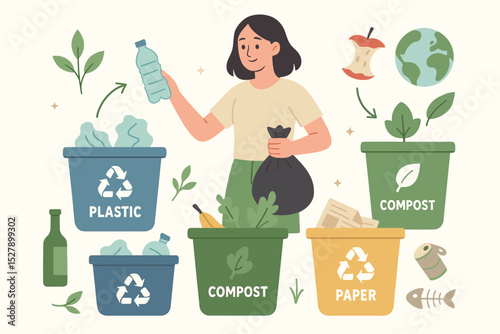 Concept of waste management and recycling. Woman sorting garbage into separate bins for plastic, paper and compost. Eco friendly living, sustainability and environmental protection.