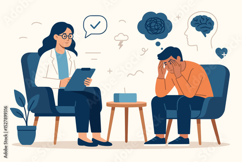 Psychotherapy session with psychologist and patient. Man with depression and anxiety talking to therapist. Mental health and psychology concept. Psychological help and support.