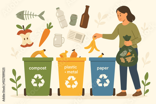 Recycling and waste sorting concept. Woman separating garbage into containers for paper, plastic, metal, and compost. Eco-friendly lifestyle and zero waste for environmental care.