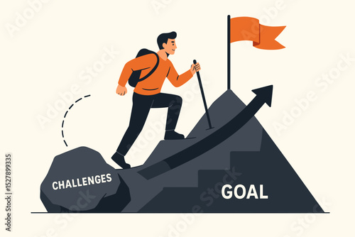 Path to success concept. Man with backpack climbing mountain to reach goal flag. Overcoming challenges, career growth, motivation, determination, leadership, and achievement.