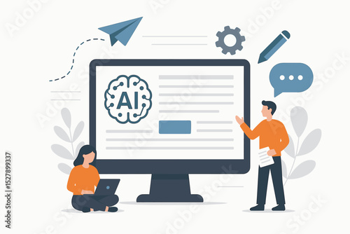 AI writing assistant for content creation and business copywriting. People using artificial intelligence technology for marketing automation. Chatbot machine learning concept vector.