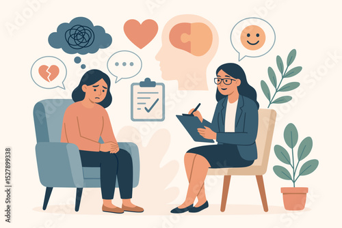 Psychotherapy session with a female psychologist helping a sad patient. Mental health care concept. Support for depression, anxiety, stress. Untangling thoughts, emotional wellness.
