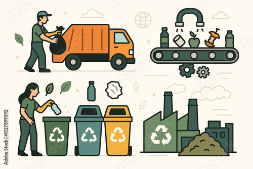 Waste management and recycling process illustration set. People sorting trash, garbage truck, factory conveyor. Eco friendly sustainability and zero waste concept. Circular economy.