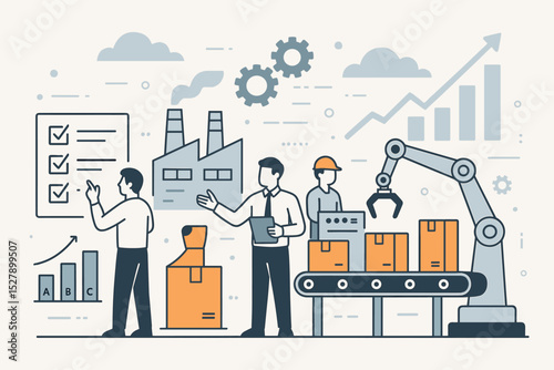 Factory automation with robotic arm on conveyor belt. Industrial manufacturing process, efficiency, quality control. Smart industry 4.0 technology, production optimization concept vector.