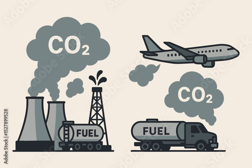 CO2 pollution sources vector illustration. Carbon dioxide emissions from industry and transport. Fossil fuel, factory, oil, power plant, airplane, truck. Climate change icon set.