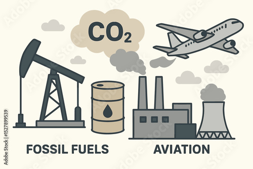 CO2 emissions sources vector infographic. Carbon dioxide air pollution from fossil fuels industry, oil pump, factory, and airplane transport. Global warming and climate change concept.