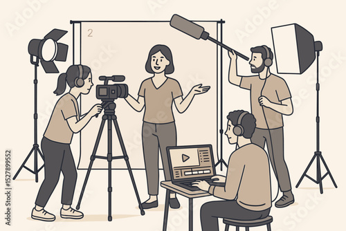 Video production studio concept. Film crew filming a presenter for a movie, interview, or tv show. Camerawoman, boom operator, and director at work. Behind the scenes of media content.