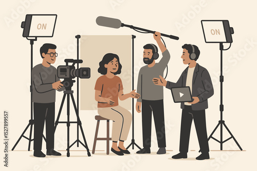 Video production studio with film crew at work. Cameraman, director, and sound operator recording a woman during an interview. Broadcasting and media concept vector illustration.