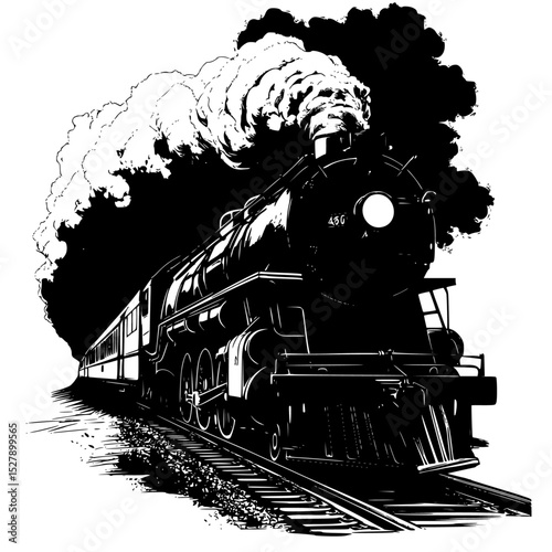 a black and white drawing of an old steam train black, drawing, illustration, old, steam train, train , Generative art.