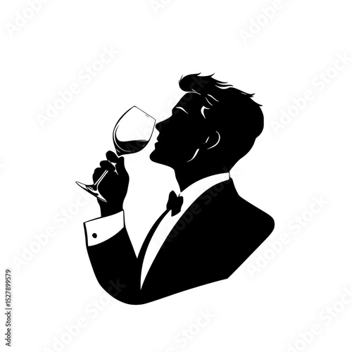 a black silhouette of a man in a tuxedo holding a glass of red wine black, drink, glass, hold, man, red, silhouette, suit, tuxedo, wine, wine glass , Generative art.