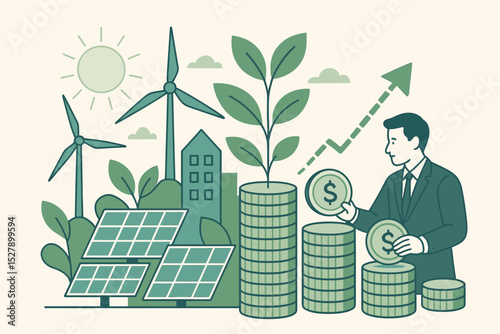 ESG investment concept with businessman investing in green energy. Sustainable finance growth with renewable solar and wind power. Eco-friendly economy, ethical funding and returns.