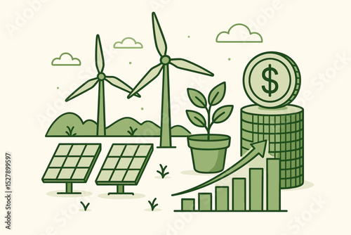 Renewable energy investment illustration. Concept of sustainable finance and ESG. Wind turbines, solar panels, plant growth, money coins and upward arrow graph for economic success.