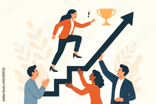Teamwork success concept with business people supporting leader. Woman climbing up arrow stairs towards achievement trophy. Career growth, collaboration and motivation vector.