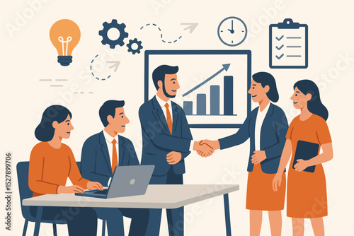 Business team collaboration success concept. People at meeting shaking hands for partnership agreement. Corporate growth strategy illustration with chart, lightbulb, and gear icons.