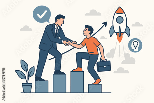 Mentor helps entrepreneur. Business growth, support, partnership concept. Handshake on career ladder chart. Startup rocket launch for success. Investment, teamwork and progress.