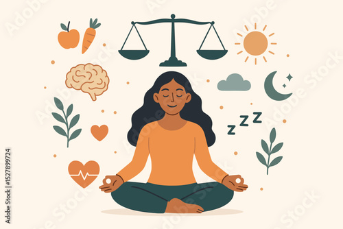 Inner peace concept with a woman meditating in lotus pose. Mental health and wellness illustration with balance scales, brain, heart, sleep, and nutrition symbols for a healthy lifestyle.