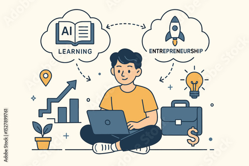 Gen Z career evolution concept. Young man with laptop learning AI for entrepreneurship. Skill development, startup, business growth, and technology innovation vector illustration.