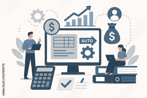 Financial automation concept. Business team using accounting software for data analysis, budget management, and investment planning. Financial technology and workflow optimization.