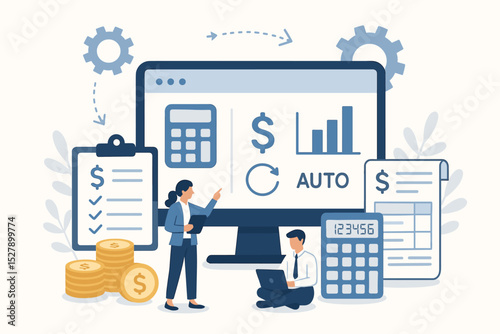 Financial management concept with business team. Accounting software for automated bookkeeping, budget planning and data analysis. Corporate finance workflow optimization illustration.