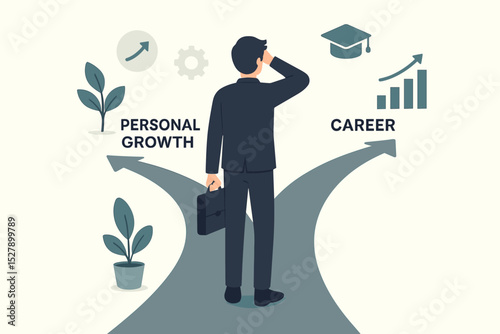 Choice between career and personal growth. Confused businessman at a crossroads making a decision. Work-life balance metaphor. Future path, development and life priorities concept.
