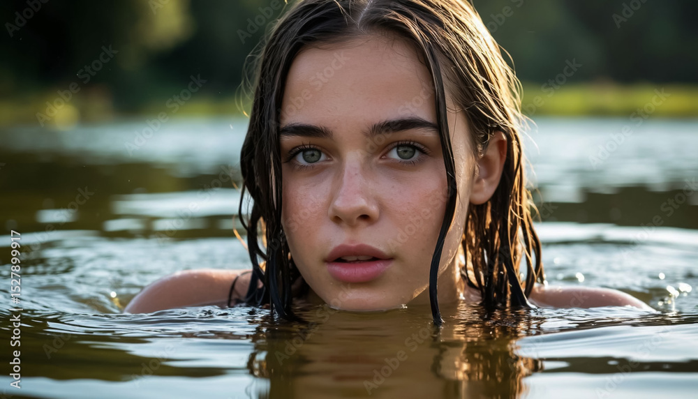 Fototapeta premium Girl swims in the river close-up face. AI generated.