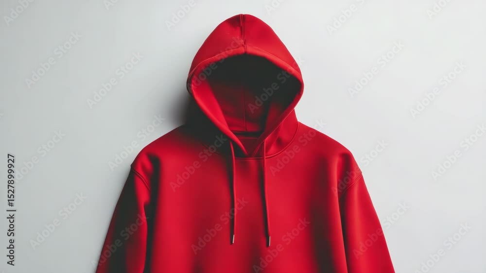 Bright red hoodie with drawstrings and raised hood, minimalist style on plain background, concept of streetwear fashion and casual clothing Bright red hoodie with drawstrings and raised hood, minimalist style on plain background, concept of streetwear fashion and casual clothing