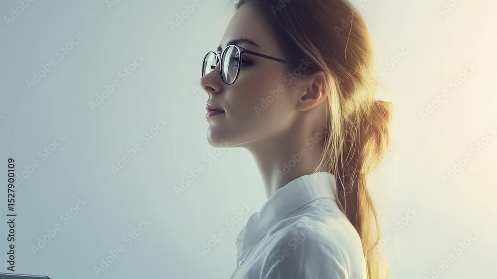 A side profile of a person with long, light brown hair tied back, wearing a white collared shirt, is close to a laptop in a softly lit indoor setting.