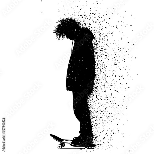 a black silhouette of a man riding a skateboard black, man, person, ride, silhouette, skateboard, skateboarder, stand , Generative art.