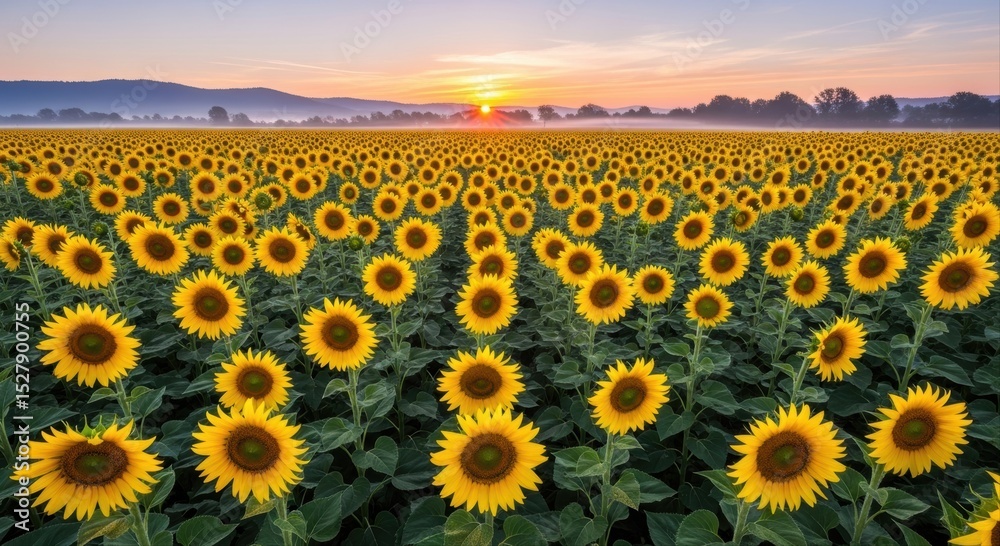 Obraz premium Vast Sunflower Field in Full Bloom at Golden Sunrise with Distant Mountains and Mist