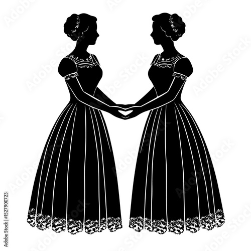black silhouette of a young lady in a dress holding hands black, dress, female, hand, hold, lady, retro, silhouette, woman, young , Generative art.