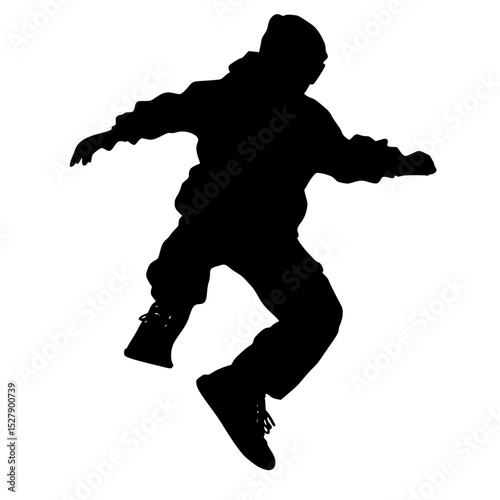 a black and white silhouette of a person riding a skateboard or snowboard black, jump, man, person, ride, silhouette, skateboard, skateboarder, snowboard, snowboarder , Generative art.