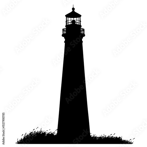 a black and white illustration of a lighthouse black, grass, illustration, light, lighthouse, silhouette , Generative art.