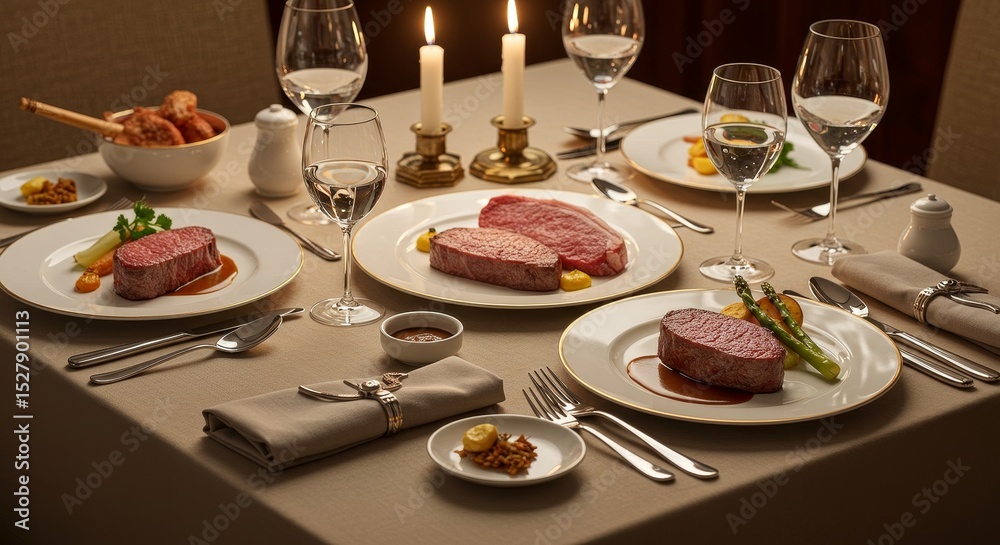 Fototapeta premium Romantic Fine Dining Steak Dinner - Candlelit table set for two with delicious steak dinners, showcasing a luxurious and intimate dining experience