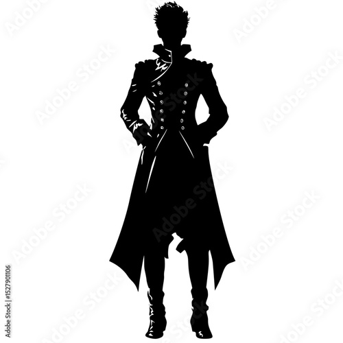 a black and white silhouette of a man in a long coat black, coat, costume, illustration, long, man, silhouette, trench coat, woman , Generative art.