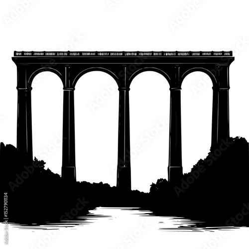 a black and white silhouette of a bridge over a river arch, black, bridge, river, silhouette, water , Generative art.
