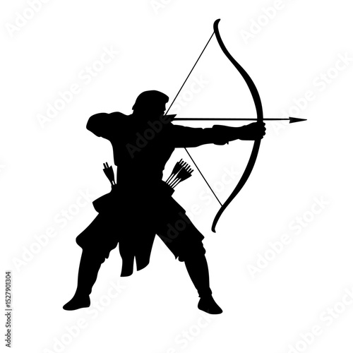 a black silhouette of a man shooting a bow and arrow arrow, black, bow, man, shoot, silhouette , Generative art.