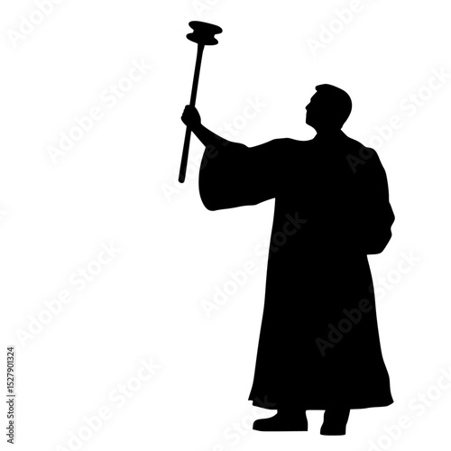 a black silhouette of a man in a robe holding a staff black, hand, hold, man, person, robe, silhouette, staff, stand , Generative art.