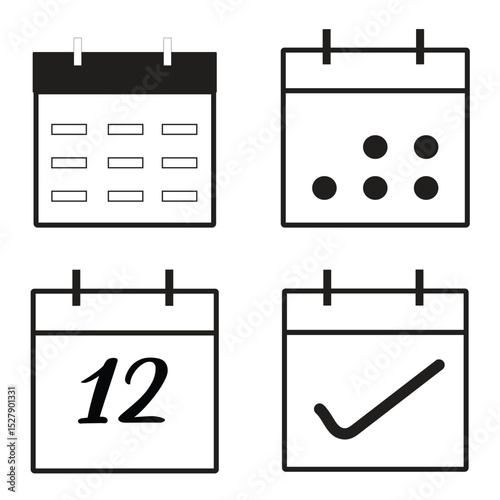 Minimal black and white calendar icon set with event symbols, date number, and check mark on white background