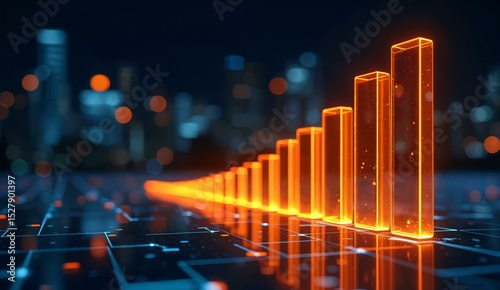 Glowing orange bar graph ascending on a futuristic grid with a cityscape background