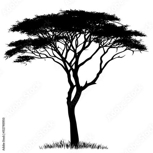 black silhouette of a tree on a white background black, grass, savannah, silhouette, tree , Generative art.