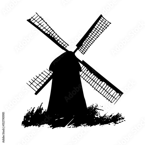 a black and white drawing of a windmill black, drawing, grass, illustration, silhouette, windmill , Generative art.