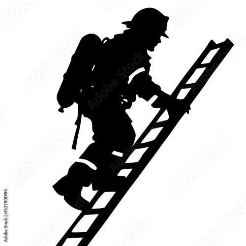 a black silhouette of a fireman climbing up a ladder black, climb, fireman, ladder, man, silhouette , Generative art.