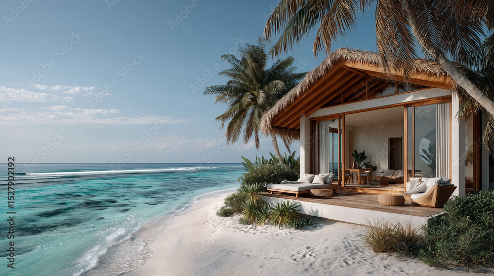Fototapeta premium Cozy boho surfer bungalow on the shore of the turquoise ocean, beautiful traveling background, beach summer vacations, scenic idyllic sea landscape