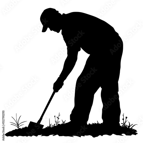 a black silhouette of a man digging a hole in the grass with a shovel black, garden, gardener, grass, hole, man, person, shovel, silhouette , Generative art.