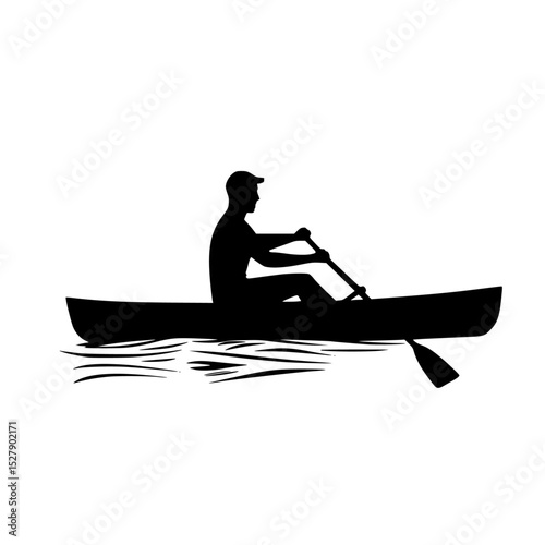 a black silhouette of a man rowing a boat in the water black, boat, canoe, man, ride, row, silhouette, water , Generative art.