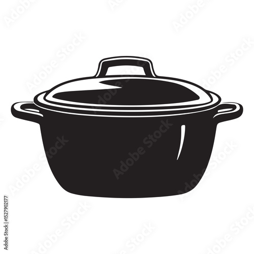 Black silhouette of a cooking pot with a lid for food preparation, pot lid silhouette vector illustration black and white