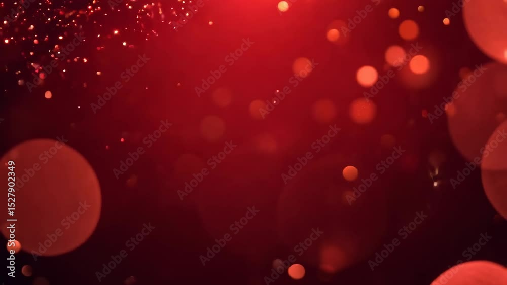 Soft glowing red bokeh light particles floating in dark background with warm festive blurred atmosphere
